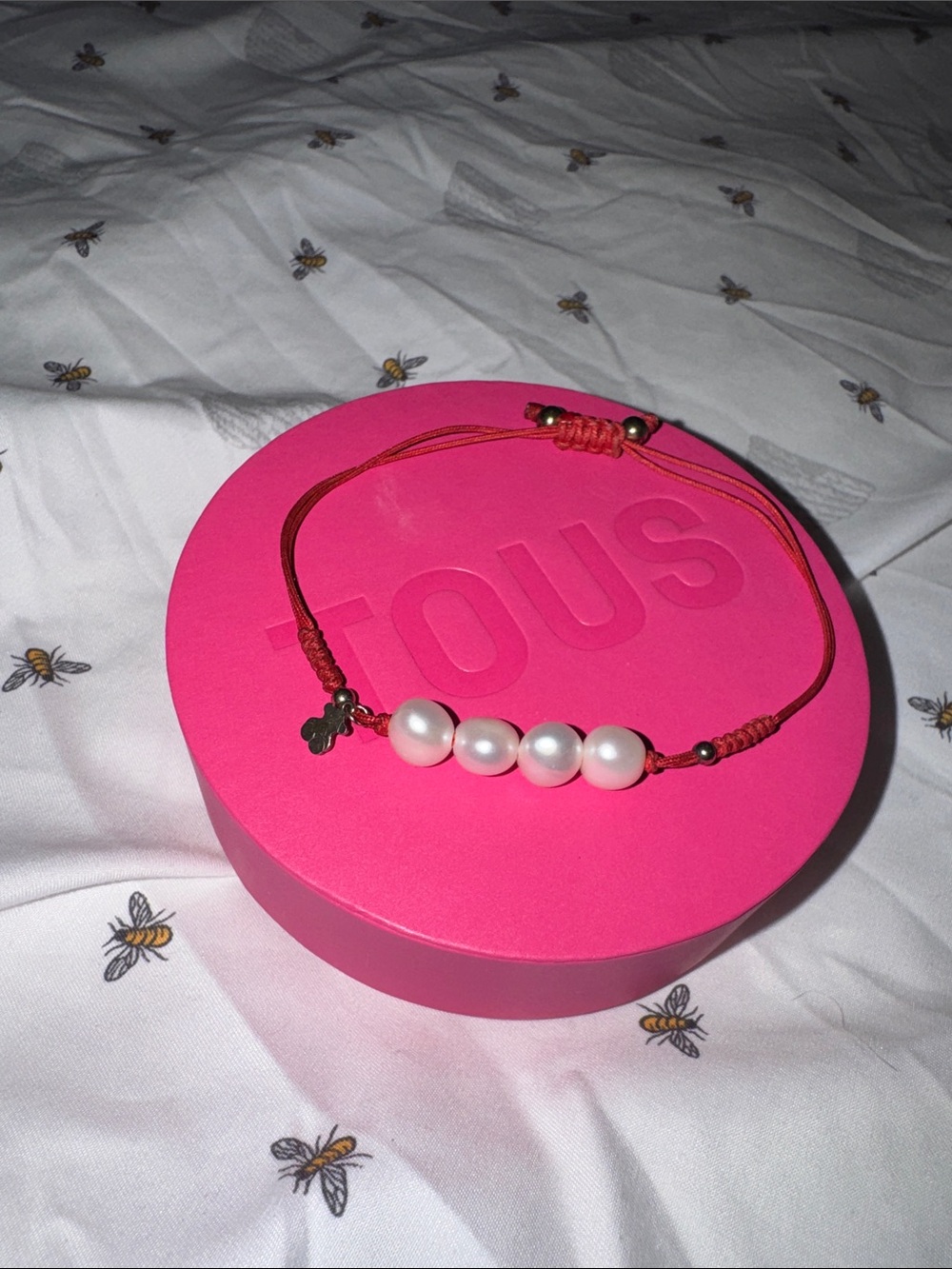 TOUS Red Cord Bracelet with Four Pearls